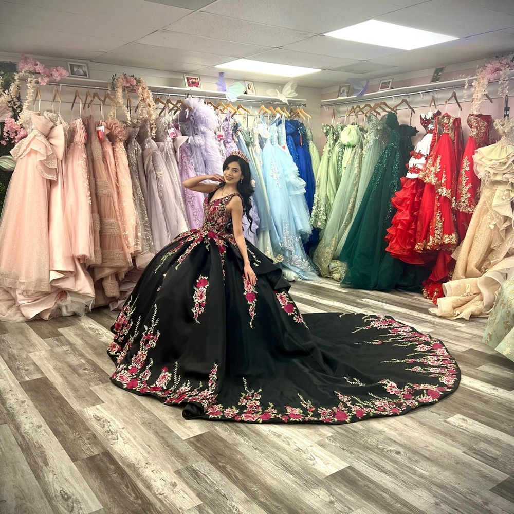 Quinceañera Black Ball Gown with Pink Floral Design